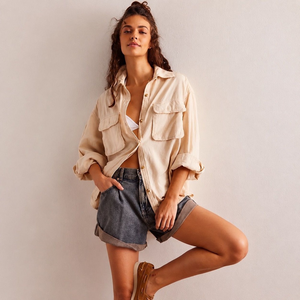 Free People We The Free $128 Top Size Large Made For The Sun Cotton Linen Shirt - Picture 2 of 6